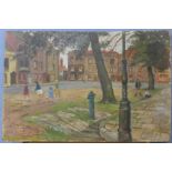 British School (mid 20th Century), pair of village/town landscapes, oil on board,