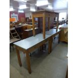 Three beech school tables and a bench