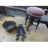 A Victorian mahogany piano stool, brass jam pan and a doll,