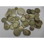A collection of half silver and silver British, American and other foreign coins and a £5 coin,