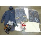 Two RAF uniforms, an RAF peaked cap, buttons, epaulettes, an evening dress suit, Union Jack, etc.