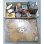 A walnut and gilt brass blotter, tins, boxes, ivory handled corkscrew, etc.