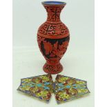 A cloisonne buckle and Cinnabar vase