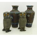 A pair of novelty owl condiments and a pair of cloisonne vases,