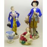 A Royal Doulton figure, Home Again, Royal Worcester egg cup and two continental figure,