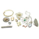 Silver jewellery including a moss agate set brooch, a moonstone and marcasite set ring,