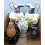A pair of continental ewers, one handle a/f, a Chinese famille verte vase and cover, a/f,