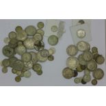 Coins;- pre 1920 silver coins including an enamelled Victorian sixpence,