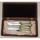 Five silver handled knives in a mahogany case