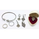 Silver and marcasite jewellery and a silver fish bangle