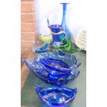 Nine items of blue and green glass