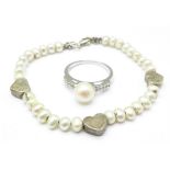 A silver and cultured pearl ring and a silver and pearl bracelet