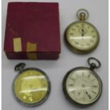 A military stopwatch, a silver pocket watch with fusee movement and one other stamped 0.