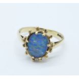 A 9ct gold and black doublet opal ring, 2.