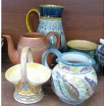 A Denby Glyn Colledge jug, a Doulton Lambeth jug, chip to spout, a Charlotte Rhead basket,