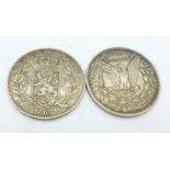 A Leopold II Belgium 1868 5 Francs and 1921 America silver dollar