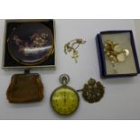 A Kiev compact, boxed, a stopwatch, Ten Commandments bracelet, RAF badge, etc.