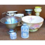 A Burleigh ware lustre vase, a Lancaster lustre jug, a lustre glass bowl, two items of Jasperware,