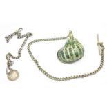 A silver Albert chain and a white metal set shell scent bottle on a plated chain