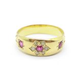 A yellow metal, diamond and ruby ring, 3.