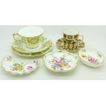 A Royal Crown Derby, Green Derby Panel trio and other Royal Crown Derby,