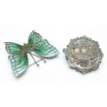 A Scottish silver and enamel butterfly brooch and a Victorian silver brooch,