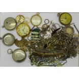 Assorted pocket watch chains, pocket watches and pocket watch cases, etc.