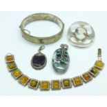 A hallmarked silver and Blue John pendant, a silver bangle,
