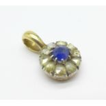 A yellow metal, sapphire and diamond pendant, 2.