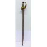 A brass hilted hangar sword marked M.