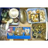 A box of assorted items including costume jewellery, coins and crowns, plated ware, Wade Whimsies,