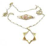 A 14ct gold Star of David pendant on a 9ct gold chain and a 9ct gold love heart brooch,