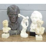 A terracotta bronze effect bust of Federico Chopin, a bust of Mozart,