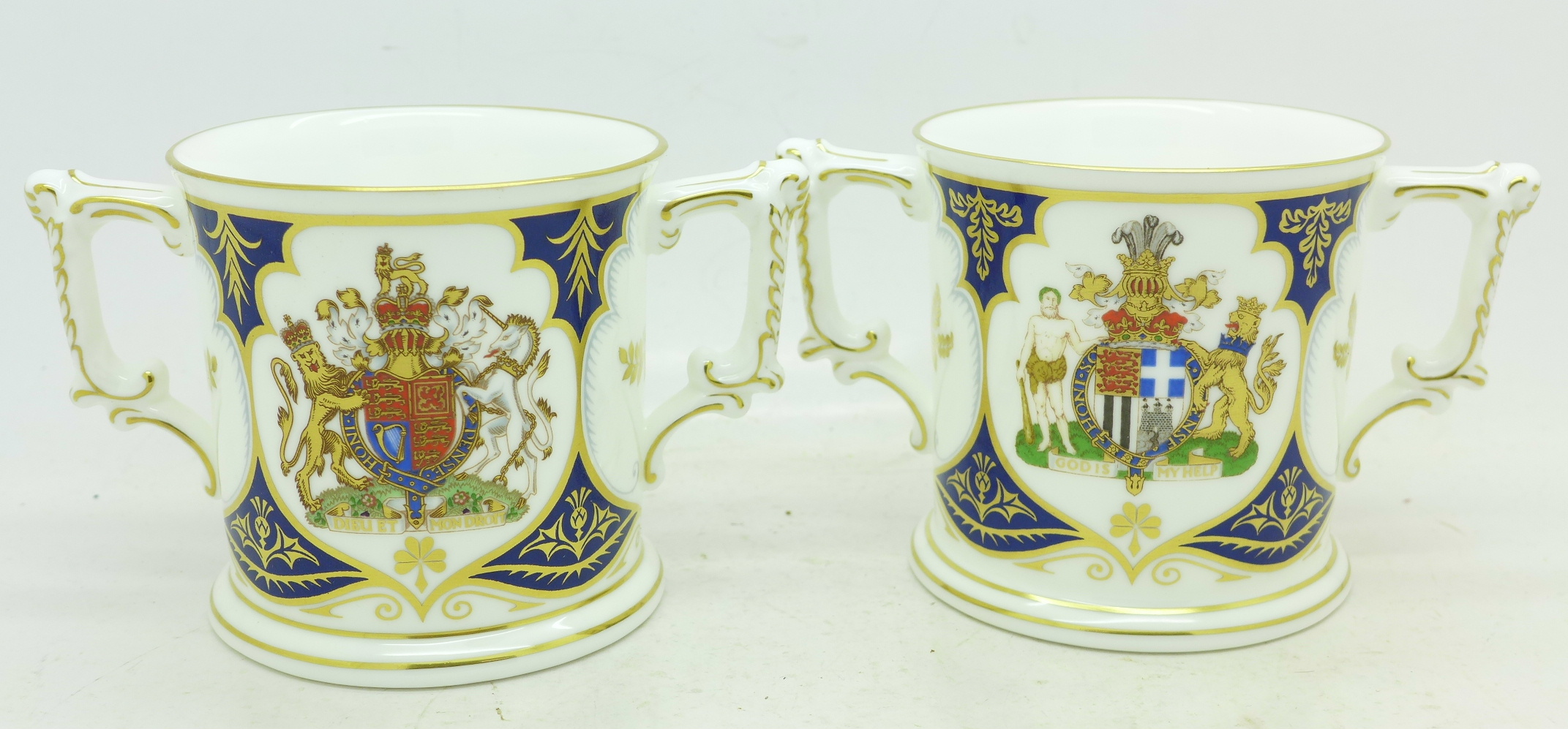 Two Royal Crown Derby limited edition commemorative two handled mugs, both 193/750,