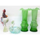 A glass cockerel, a glass swan basket and a pair of green glass vases,