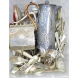 A box of silver plated cutlery, teapot, etc.