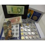 A ten shilling note, a coin folder marked '50 Different coins, 50 Different Countries',