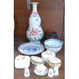 Trinket pots, an oriental vase, carved stand, etc.
