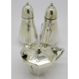 A silver Art Deco three piece cruet by Elkington & Co.