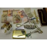 A WWII medal, cufflinks, pens,