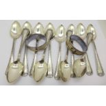 Twelve 800 silver spoons and two silver napkin rings,