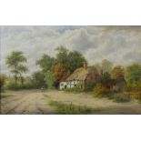 English School, landscape with thatched cottage and figure on horse, oil on canvas,