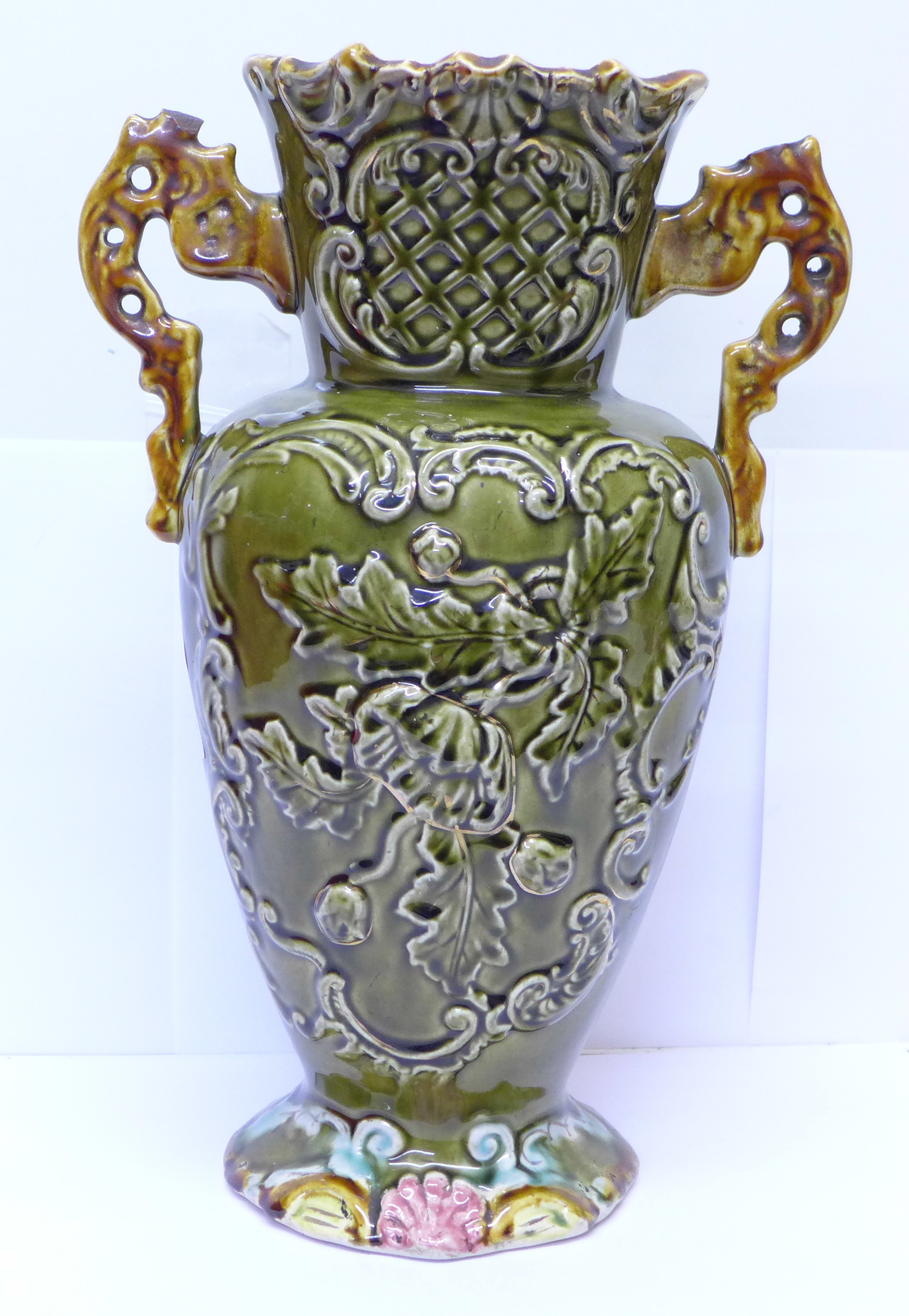 A majolica floral decorated vase, a/f, - Image 3 of 4