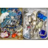 Costume jewellery including a Victorian silver brooch, plated flatware,