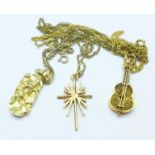 Three pendants, one hallmarked 9ct gold, one marked 14k and one with continental control marks,