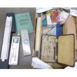 Slide rules, rulers and pencils, etc.