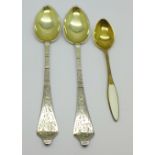 Two Sorrensen silver gilt spoons and one other Danish silver gilt and enamel spoon