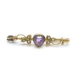 A yellow metal, amethyst and seed pearl heart brooch in original box, 3.