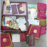 Masonic regalia, rule books, two silver lodge medals and one other, ephemera, pens, coins, etc.