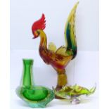 A Murano glass cockerel, a studio green glass vase and matching ashtray,